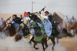 Image du Maroc Professionnelle de  Course typiquement marocaine dite ''la Fantasia'' organisé dans un site désertique sur lequel la ville de Tan Tan a toujours accueilli la majorité des tribus et des grandes familles nomades du désert lors d'un grand Moussem, Samedi 7 Septembre 2013. Le festival parrainé par l'UNESCO rassemble des milliers de nomades du Maroc. (Photo / Abdeljalil Bounhar) 